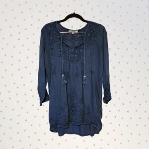 L'affaire, S | Boho Deep Blue Embroidered Tunic With Front Draw Strings